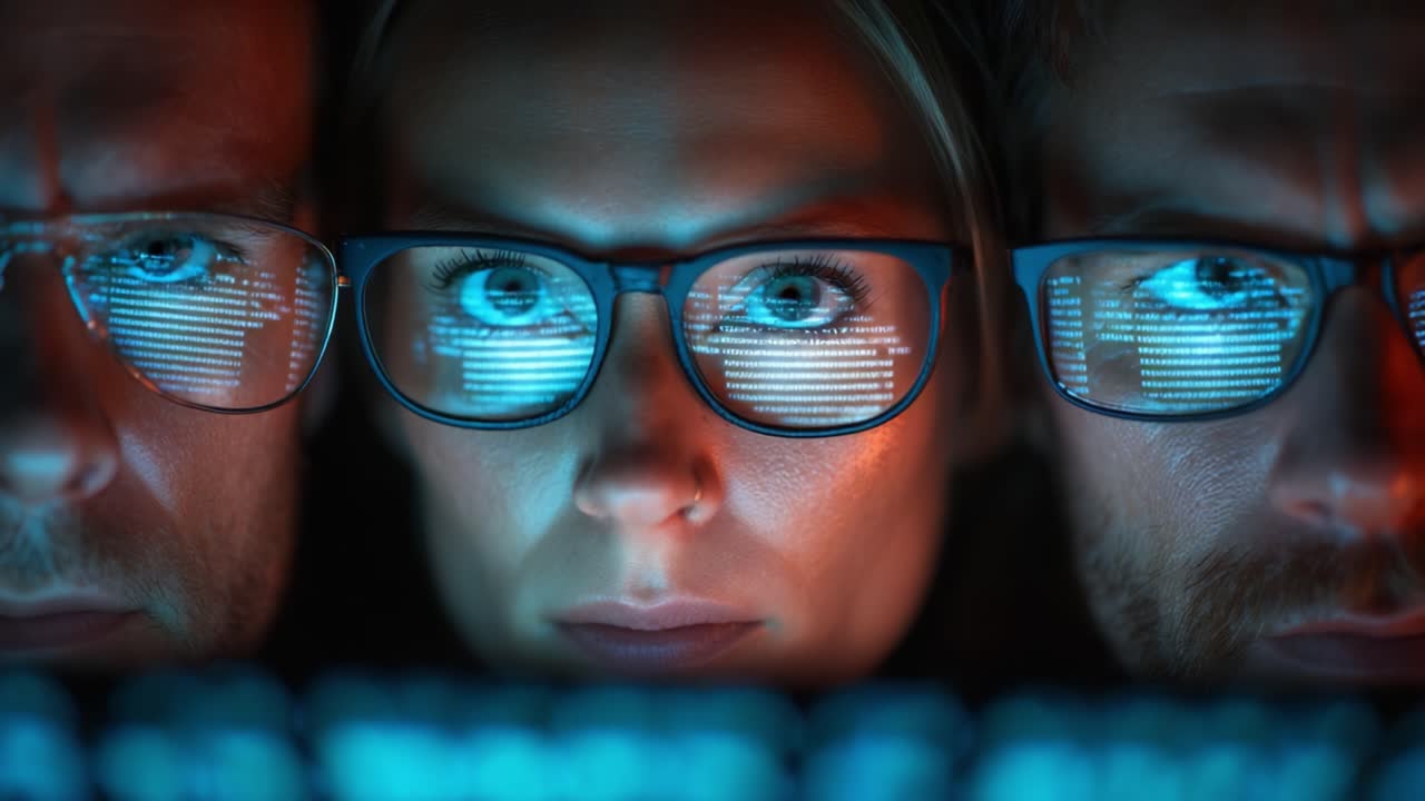 In a Dimly Lit Room, Three Focused Individuals Analyze Complex Code Reflected in Their Glasses, Portraying Intense Collaboration in the World of Technology and Programming
