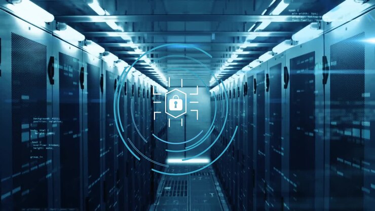 Animation of padlock icon and digital data processing over computer servers