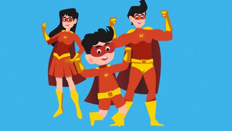 animation of father, mother and son in superhero costume against pow and zap text banners