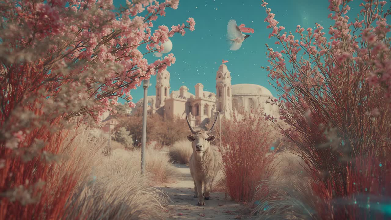 Bird lifting off nudging horned ungulate walking toward camera along sandy path, domed building