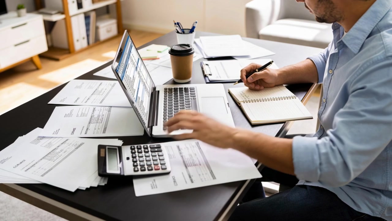 Uomo in camicia blu che esamina il laptop, usa una calcolatrice e prende appunti in un ufficio domestico, con spazio per il testo.