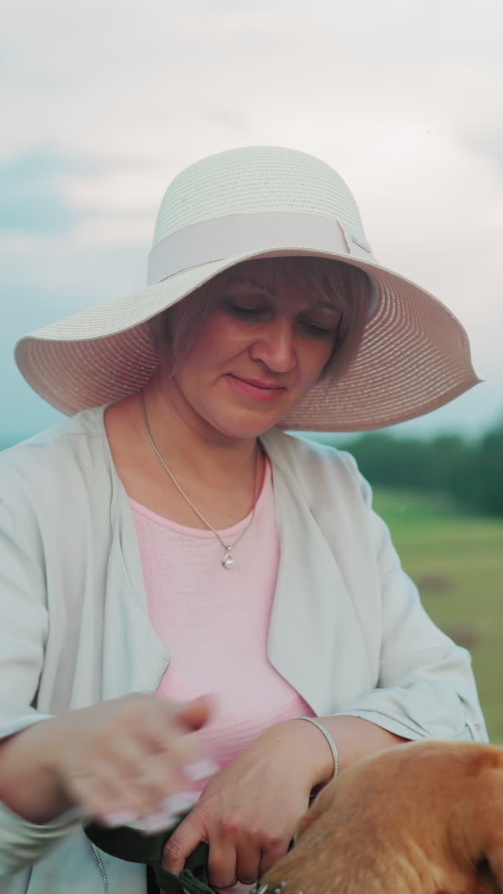 선을 입은 개 주인이 반려동물 근처에 앉아서 줄을 잡고 허리를 부드럽게 문지르고 있습니다. 배경에는 녹색 과 나무가 있습니다.