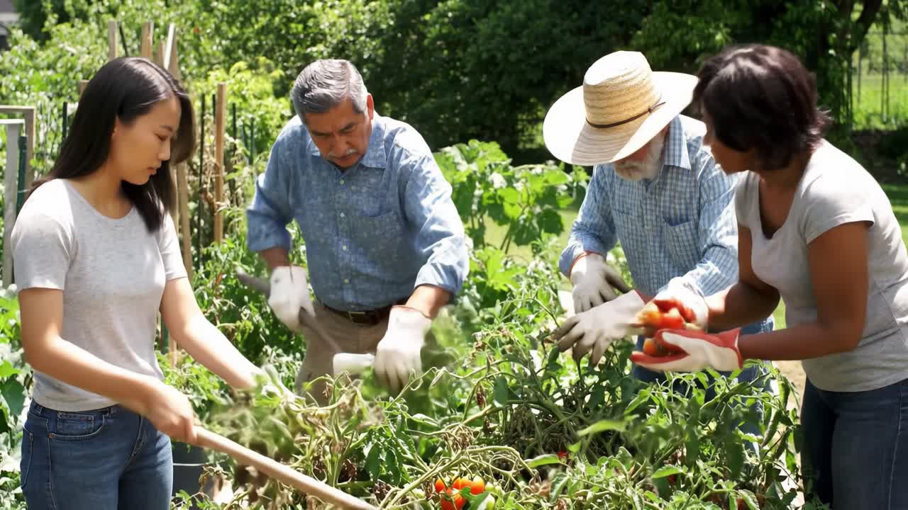 A Collaborative Effort in Gardening: Four Individuals Actively Harvesting Ripened Tomatoes and Tending to Plants in a Vibrant Community Garden