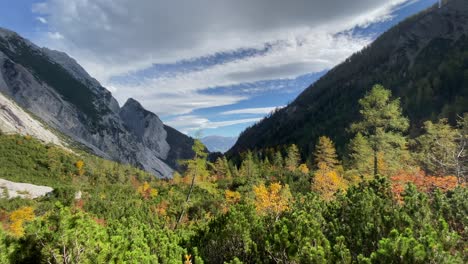 Autumn-landscape-of-the-Hirschbadsteig-in-the-Isstal-with-larch-forest-in-the-sun---very-close-to-Hall-in-Tyrol,-Austria