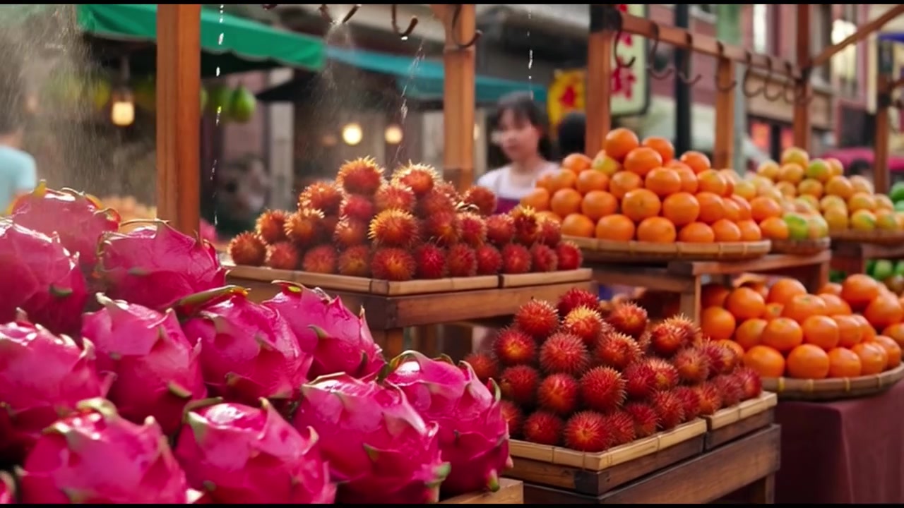 Esposizione di frutta tropicale fresca in un vivace mercato di strada asiatico