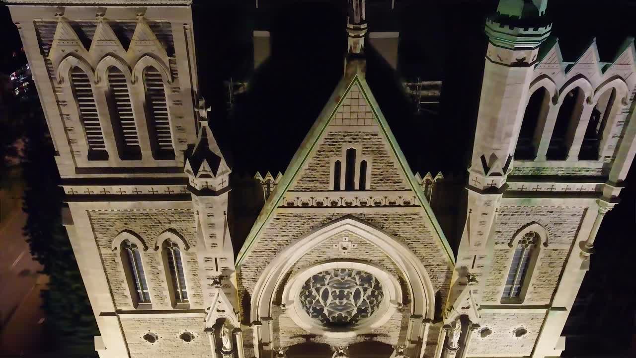 Nighttime aerial view of the 19th-century Cathedrale of Longueuil, beautifully shines in Montreal, Quebec.