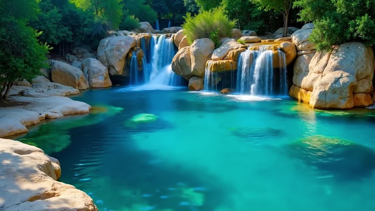 A small waterfall in the middle of a pool surrounded by rocks