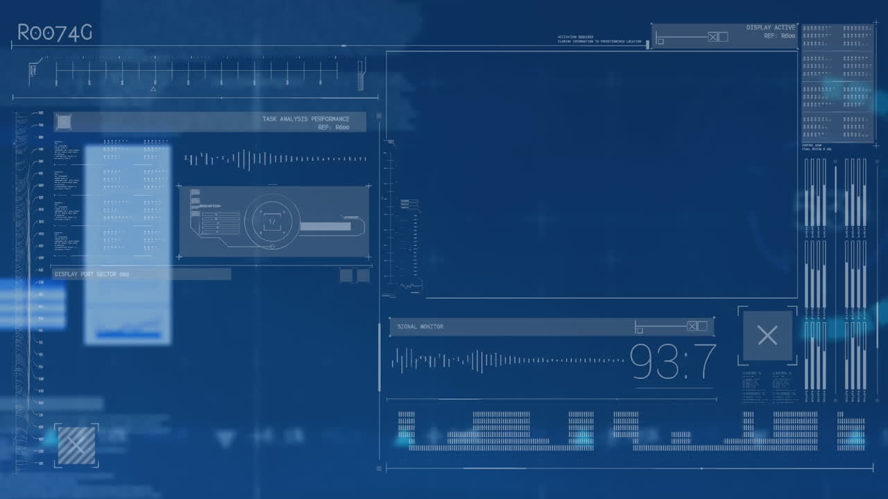 Animation of financial data processing and statistics over blue background
