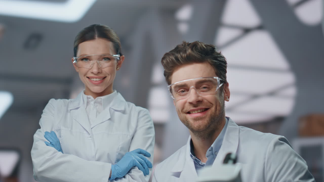 dos colegas de laboratorio sonriendo a la cámara en la clínica de cerca. científicos exitosos