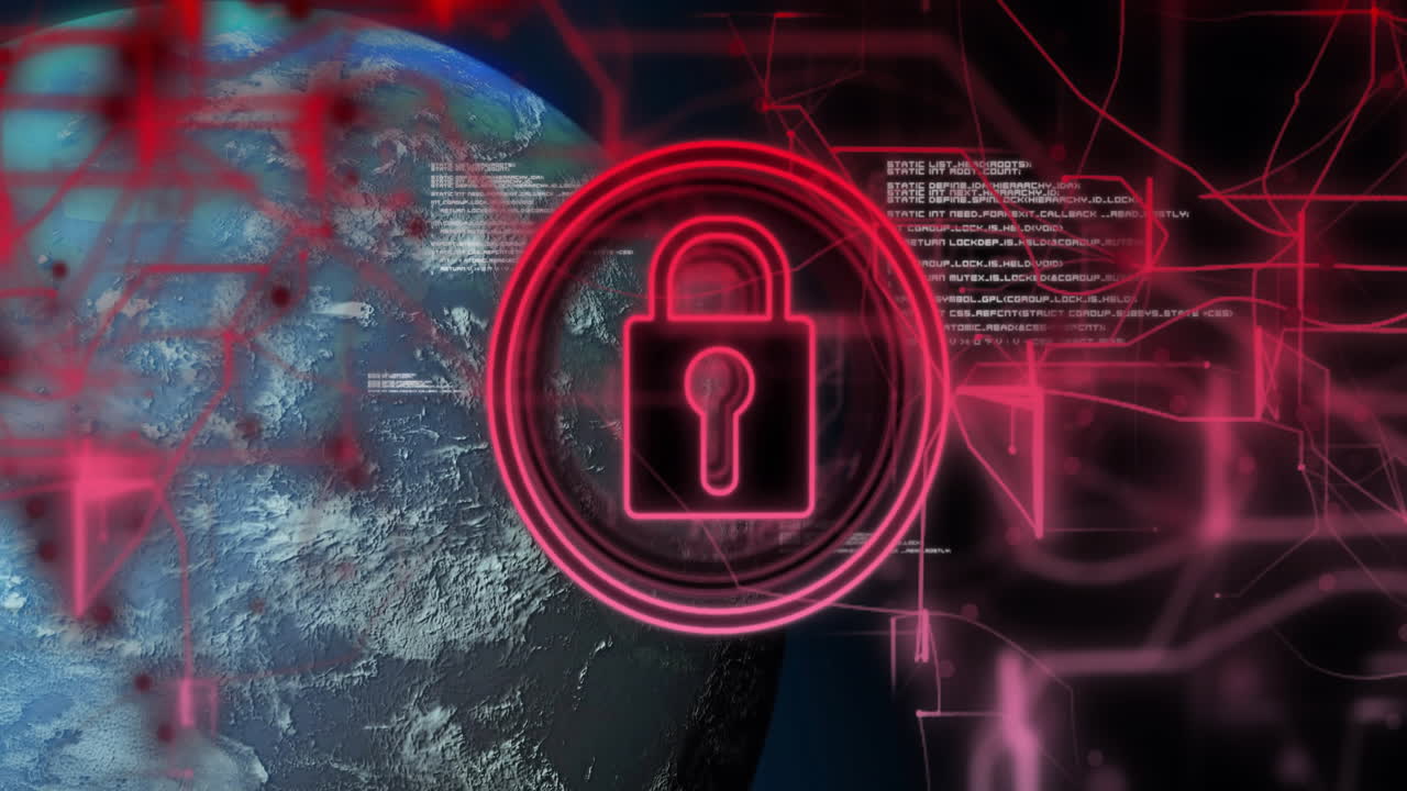 animación del procesamiento de datos y globo sobre candado sobre fondo negro