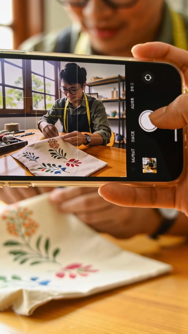 Vertical video: Recording on phone, maker in apron smoothing floral tote for inspection at workshop