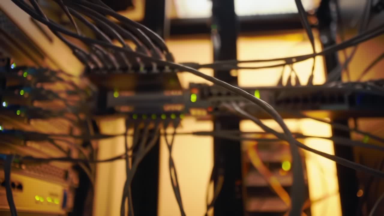 A Complex Web of Network Cables: The Intricate Connectivity of Data Centers Showcased in Two Captivating Frames, Highlighting Modern Technology's Backbone