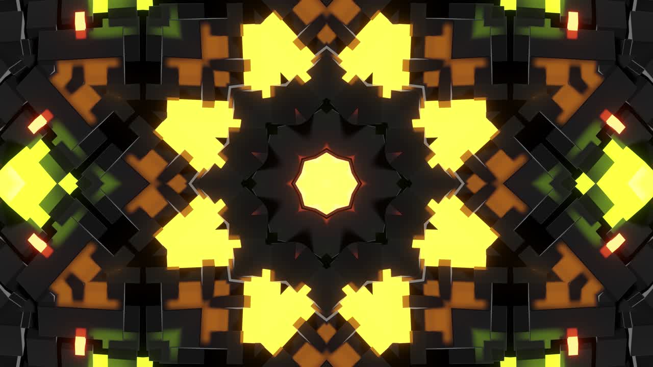 4k fondo de bucle oscuro con patrón simétrico abstracto de 3d geométrico y luz de neón. ciencia ficción cyberpunk bg para espectáculos o eventos, festivales o conciertos, videos musicales, bucle vj para clubes nocturnos