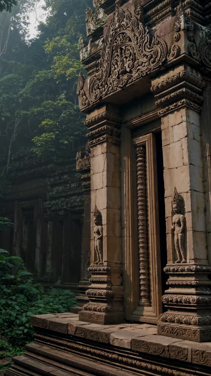 A misty jungle scene with towering trees and ancient ruins, captured from a low-angle