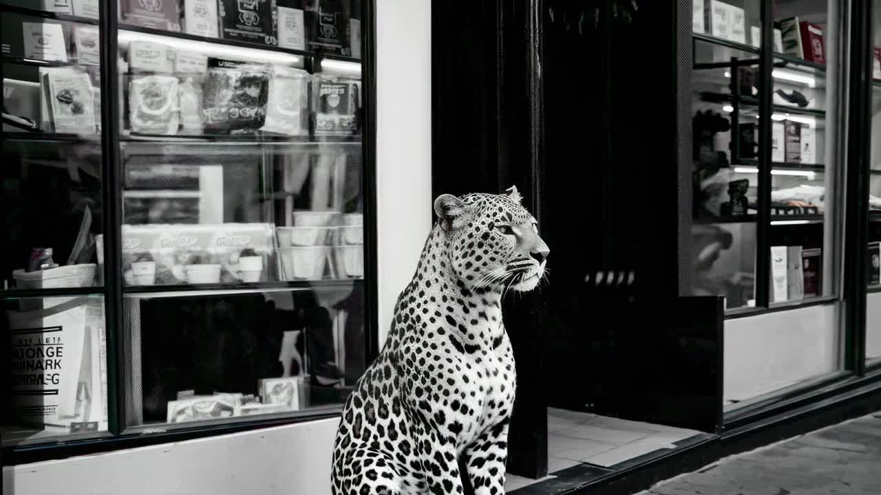 Black and white video still of a leopard sitting outside a store, captured from a low angle