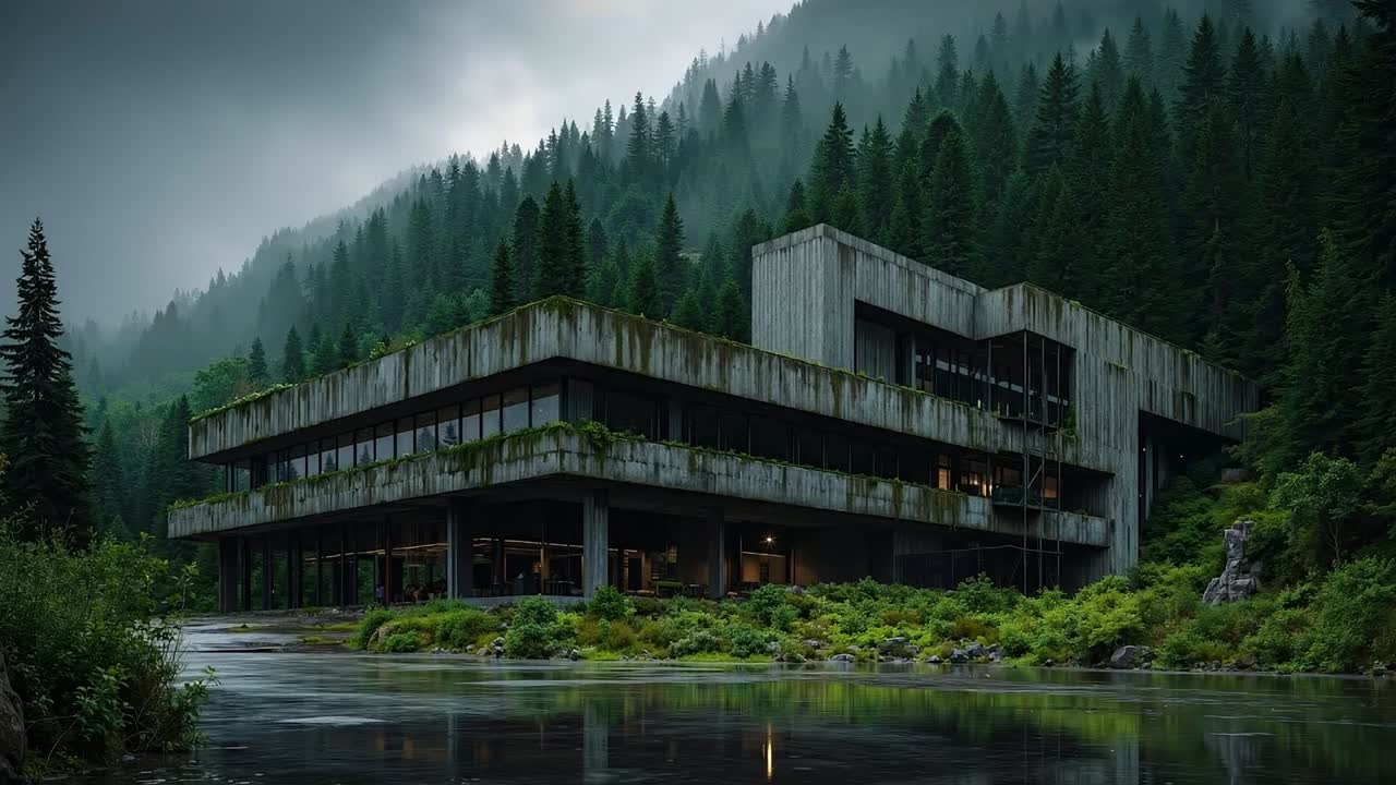 A building in the middle of a forest next to a body of water