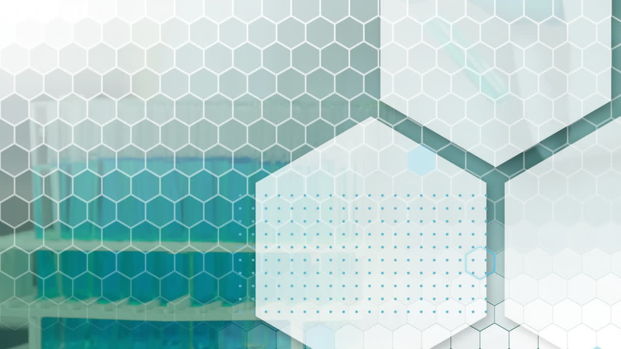 animación de hexágonos y procesamiento de datos científicos sobre el científico en el laboratorio