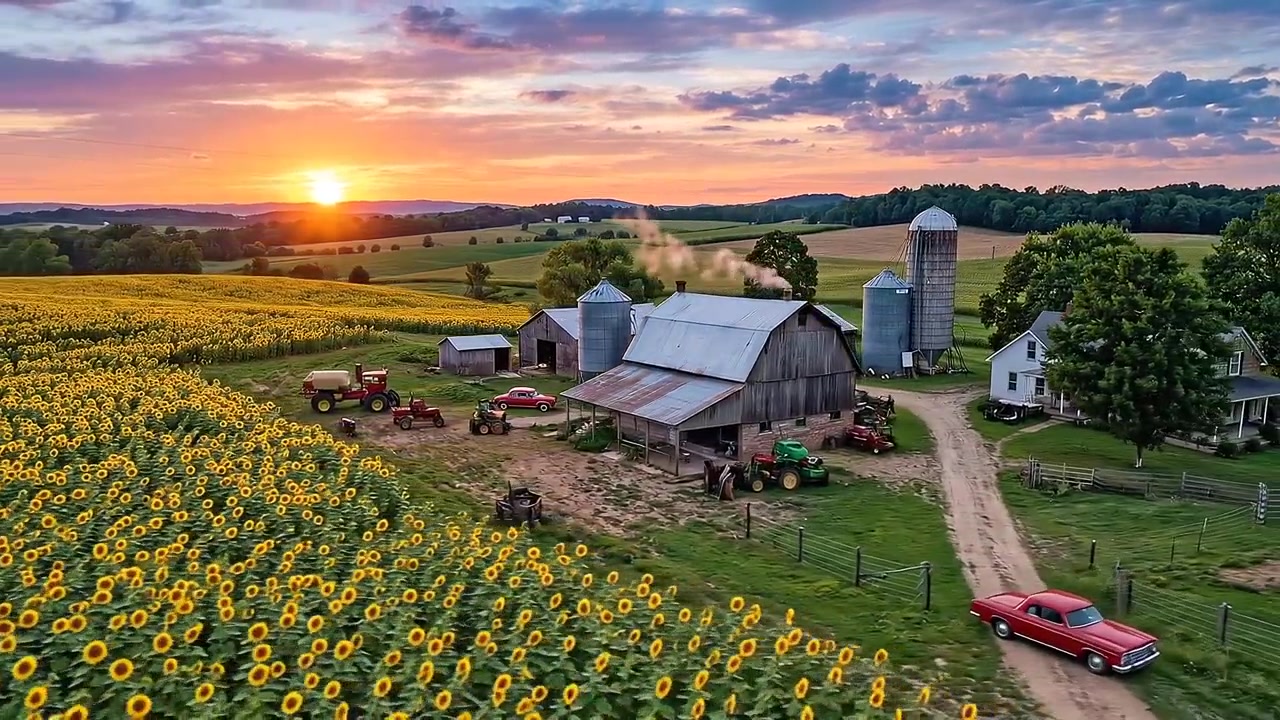 Luftaufnahme einer Sonnenblumenfarm bei Sonnenuntergang mit Oldtimer