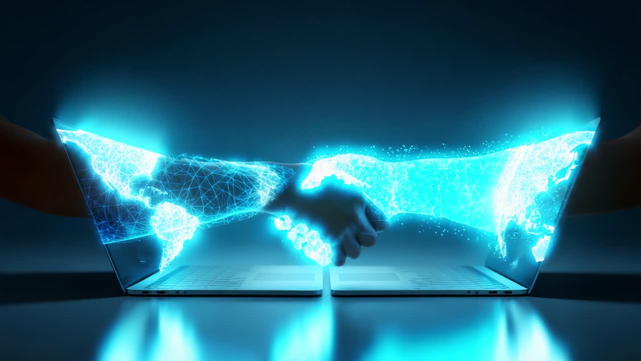 A Futuristic Digital Handshake Symbolizing Innovation, Collaboration, and Connection in the World of Technology and Artificial Intelligence Across Virtual Platforms