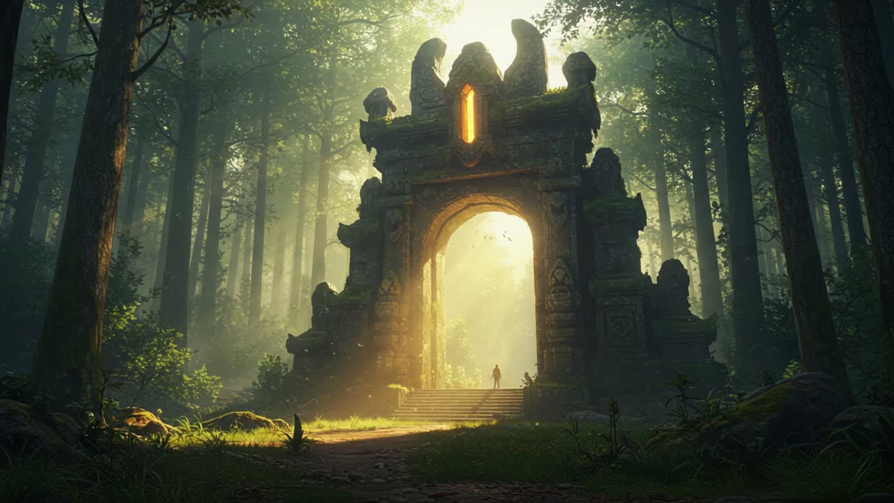 A Mysterious Ancient Gateway Surrounded by Lush Forest, Illuminated by Ethereal Light, Inviting Explorers to Discover the Secrets of a Forgotten World