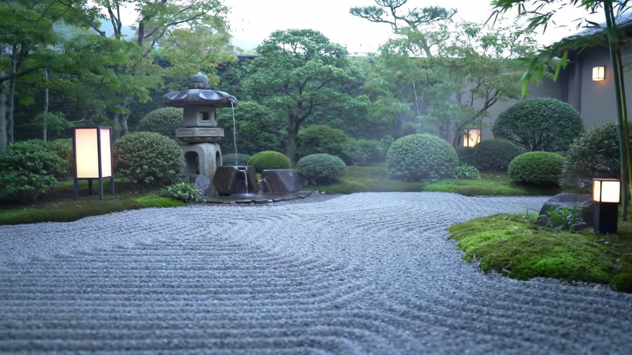 A Serene Japanese Zen Garden at Dusk with Lush Greenery, Tranquil Water Features, and Soft Lantern Lighting Creating a Peaceful Atmosphere for Reflection