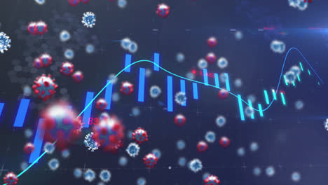 Animación-Digital-De-Células-Covid-19-Flotantes-Y-Procesamiento-De-Datos-Estadísticos-Sobre-Fondo-Azul