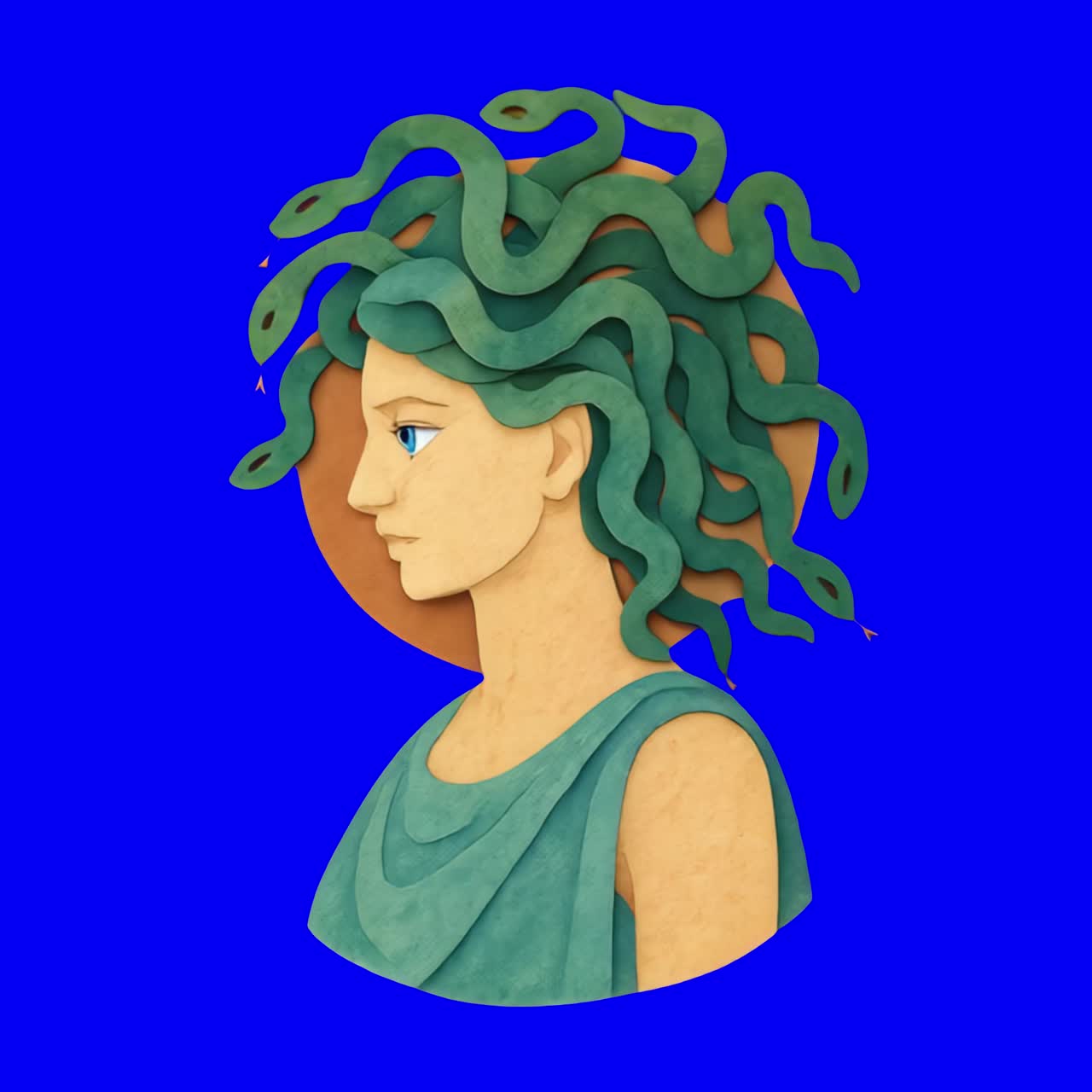 Medusa-inspired digital art portrait animation, transparent 4K video, green screen