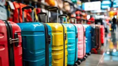 a row of colorful suitcases lined up in a store