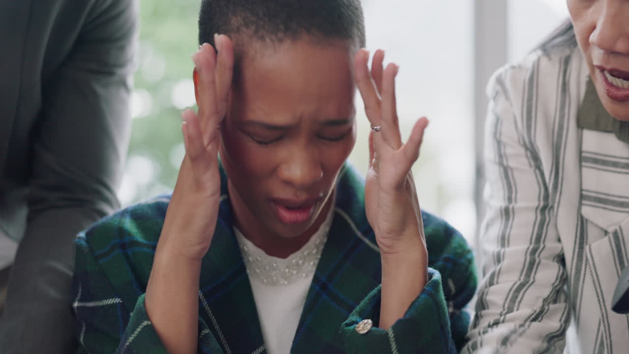 dolor de cabeza, caos y estrés de la mujer de negocios por el tiempo