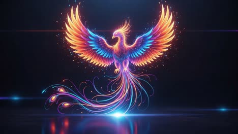a vibrant phoenix ascending: a stunning artwork of rebirth and resurrection with fiery feathers and colorful trails in a glowing background