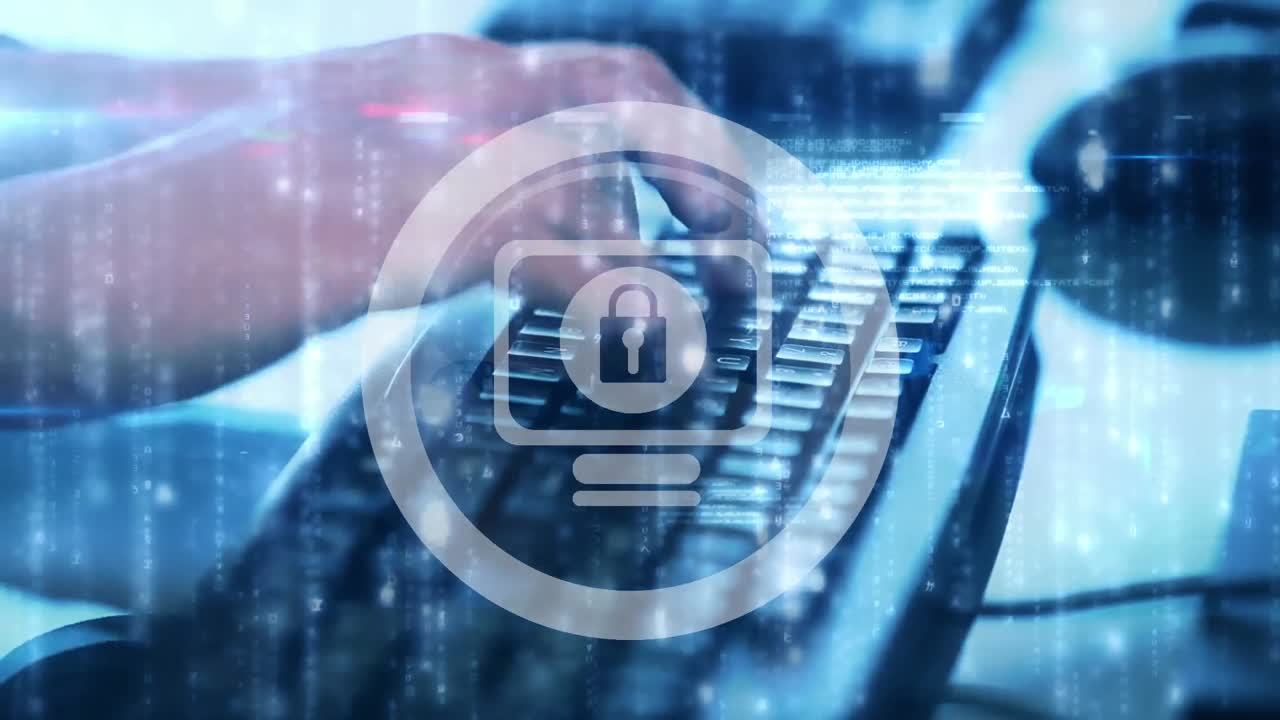 Security padlock icon and light trails falling against mid section of person using computer keyboard