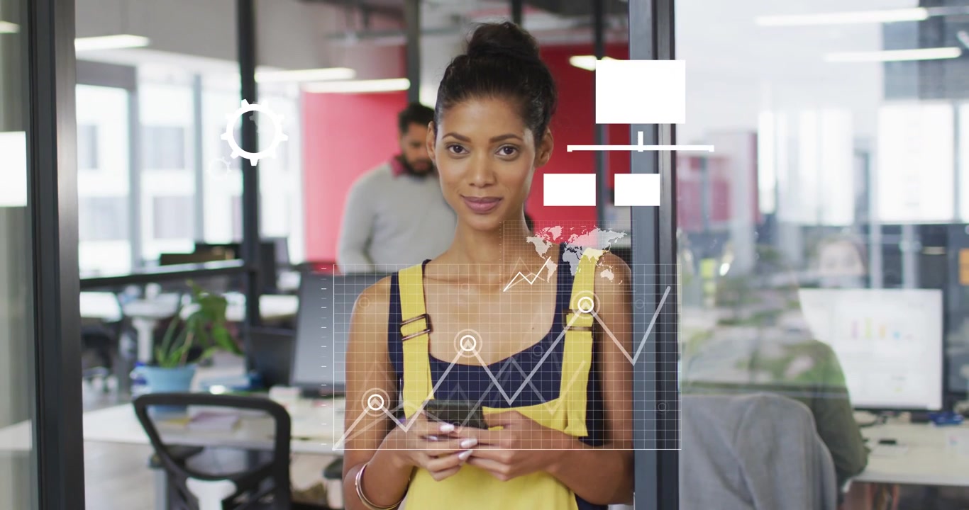 Woman leaning on glass, using phone and activating animated charts and gear for business analytics