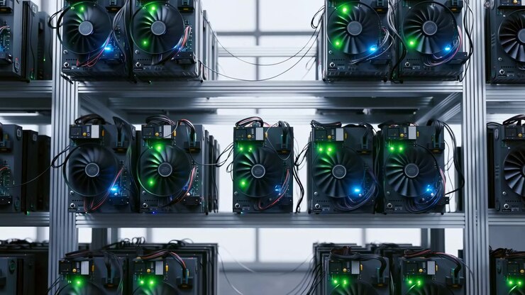 Frontal mid-shelf view of multiple rack-mounted mining rigs installed on aluminum shelving showing large axial cooling fans, exposed printed circuit boards, clustered power connectors, and bundled