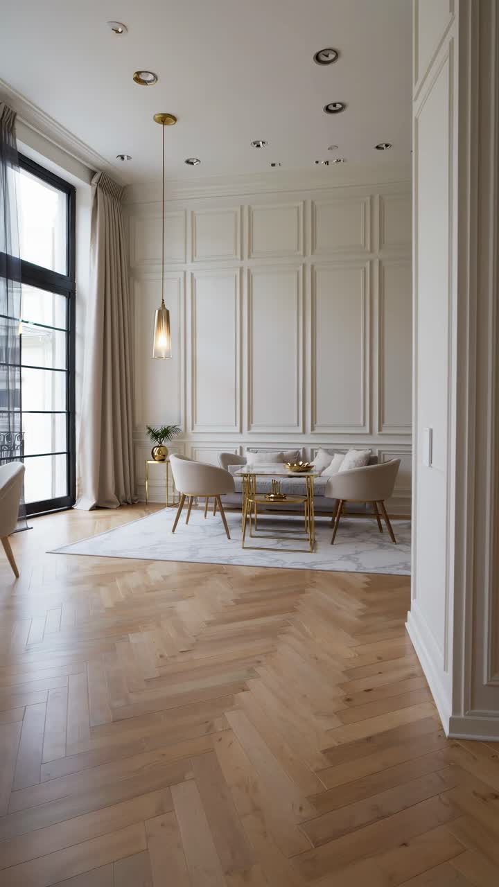 Modern bedroom with neutral tones, shot from a low angle