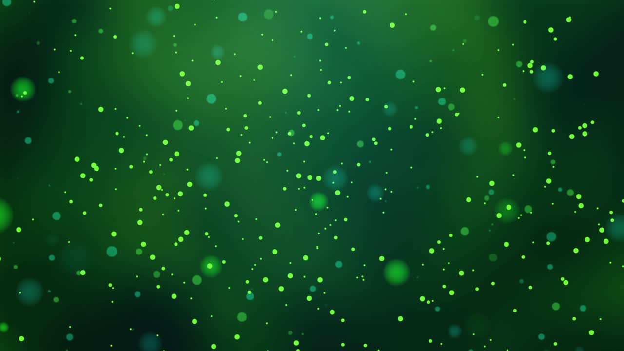 Flydende, gentagelige bokeh-partikler med grønne lyscirkler mod atmosfærisk, uskarpt gradient baggrund, natur-, organiske og livstemaer