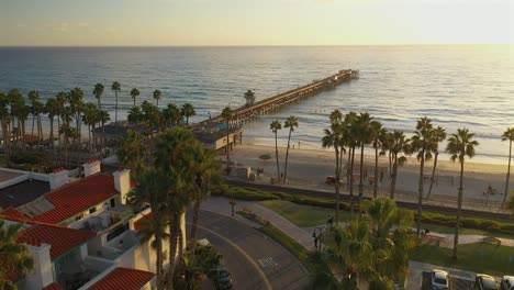 aerial view of the pier in san clemente, california, over the top of tall palm trees