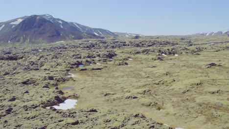 Vastos-Campos-De-Lava-Cubiertos-De-Musgo-En-Las-Tierras-Altas-De-Islandia,-Vista-Aérea-De-Distancia