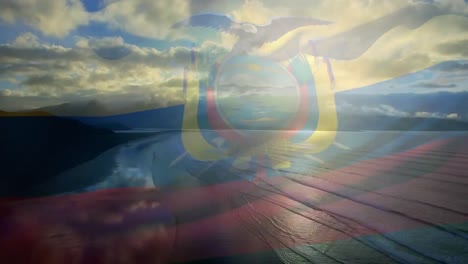 Animación-De-La-Bandera-Del-Ecuador-Ondeando-Sobre-El-Paisaje-Marino-De-La-Playa.