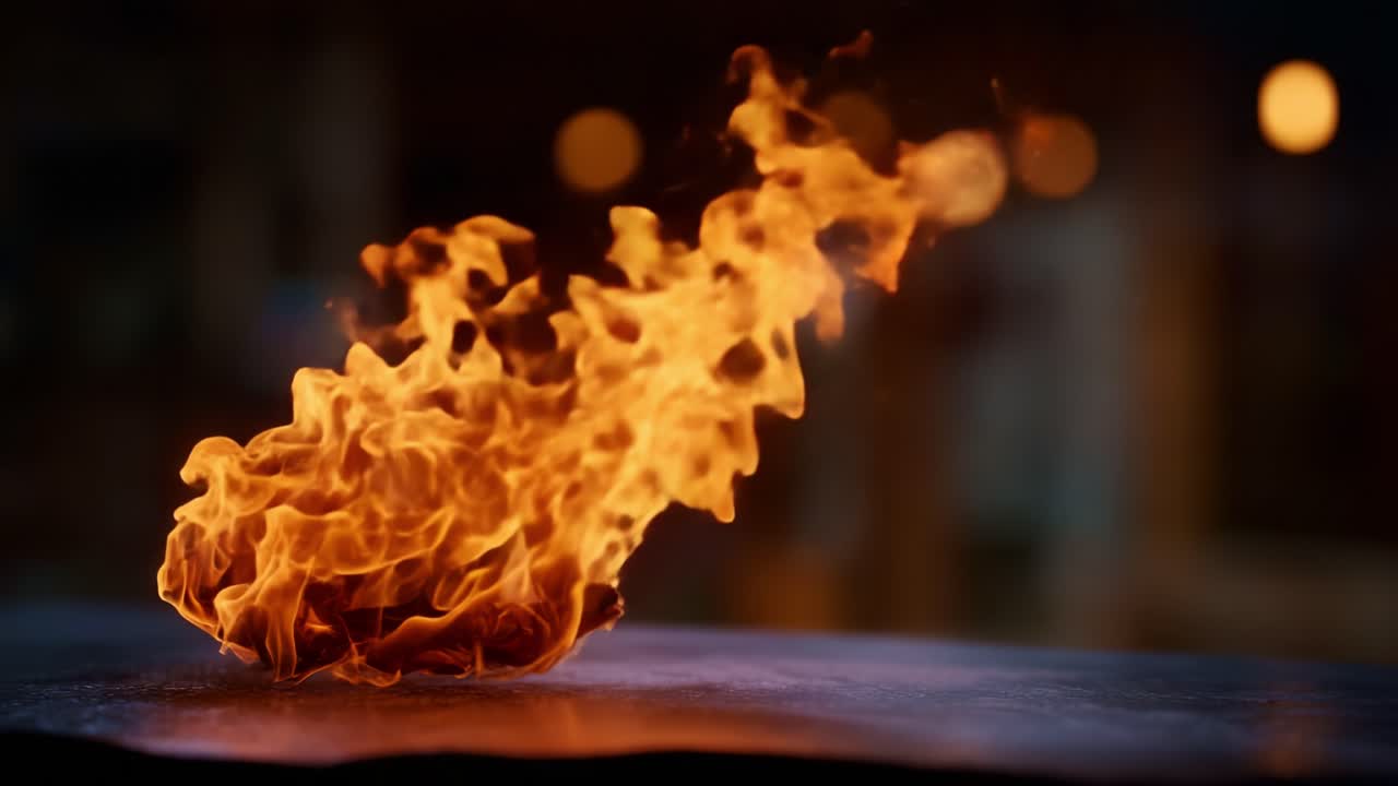 Fiamme dinamiche che danzano su una superficie, catturando l'energia e il movimento del fuoco in una presentazione artistica di luce e calore