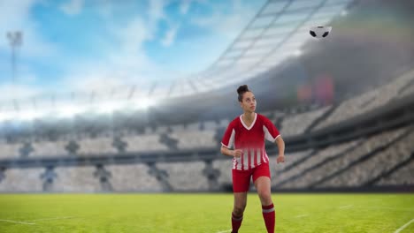 Animation-of-biracial-female-soccer-player-over-stadium