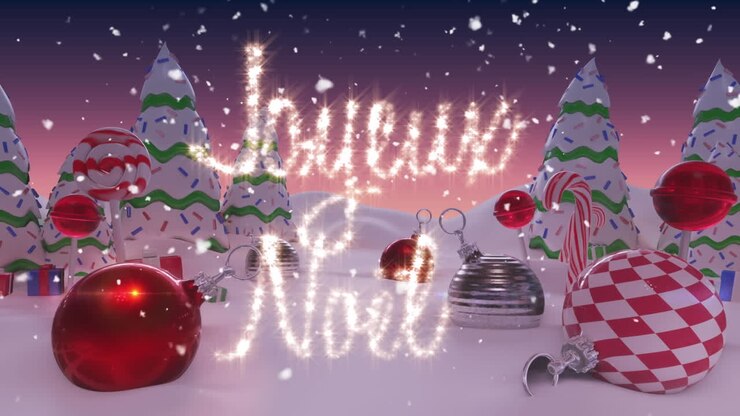 Inscription Joyeux Noël et neige tombant sur des décorations de Noël et des arbres dans un paysage hivernal.