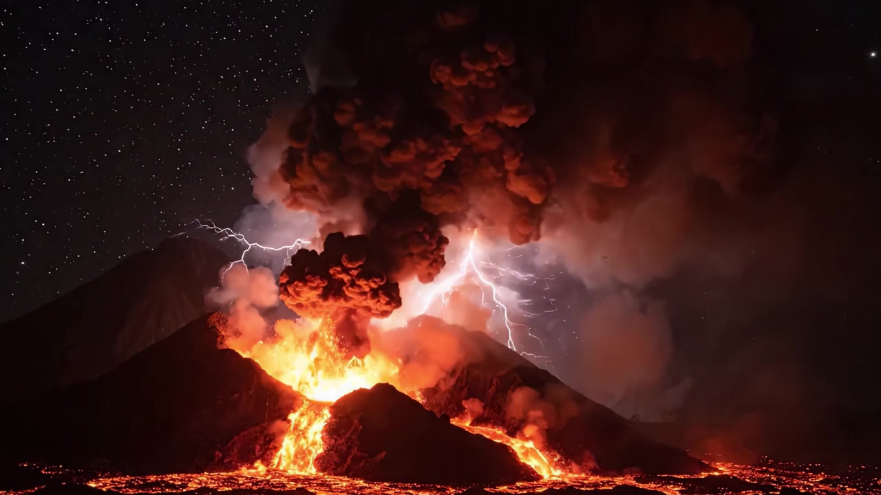 自然の壮大な光景：満天の星空の下、溶岩と稲妻に照らされた火山の魅惑的な噴火