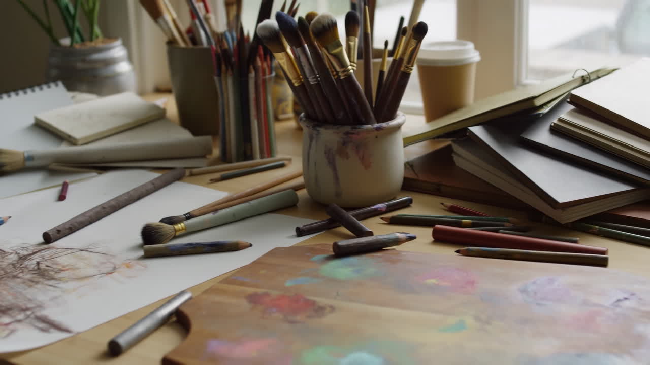 Artist's Workspace with Paintbrushes, Pencils, and Sketchbooks