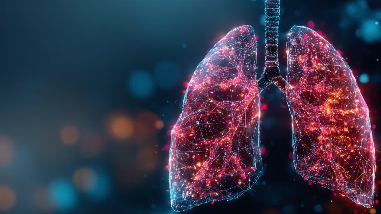 Illustrazione della struttura di un polmone umano con una rete di luci, che mostra dettagli intricati e colori vivaci, perfetta per contesti medici ed educativi