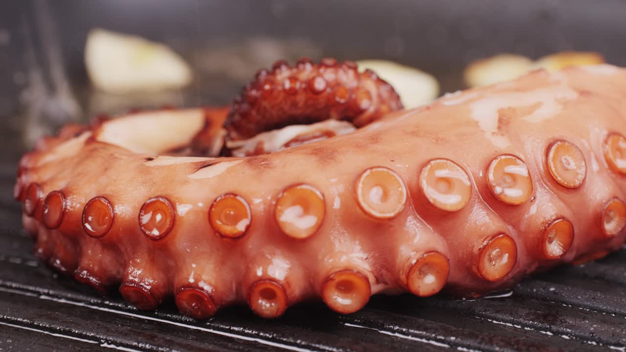 Octopus cooking, chef grill fresh octopus galician style on restaurant kitchen, healthy food, seafood cafe in spain, traditional asian japanese spanish and mediterranean dish.