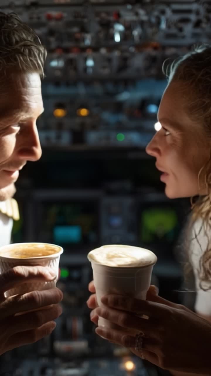 Piloti che si godono un momento nella cabina di pilotaggio con bevande calde, evidenziando il loro ruolo vitale e la passione per l'aviazione, e catturando l'essenza di professionalità e cameratismo.