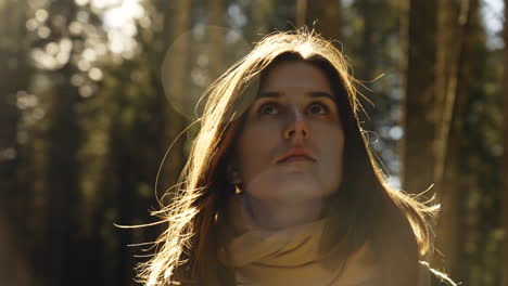 woman in a forest, profile view