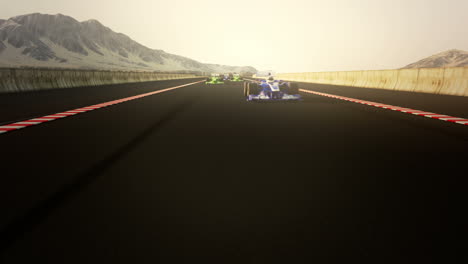 The-infinite-ride-of-generic-looking-F1-cars.-The-race-competition-at-the-immersive-speedway-located-between-high-mountains-beautiful-background.-Loopable-animation.-HD