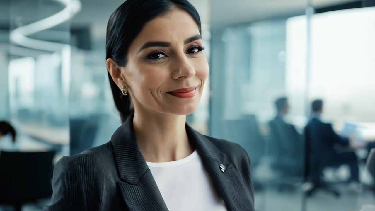 Businesswoman smiling in an office while colleagues work in the background, creating a positive and collaborative atmosphere