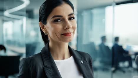 businesswoman smiling in an office while colleagues work in the background, creating a positive and collaborative atmosphere